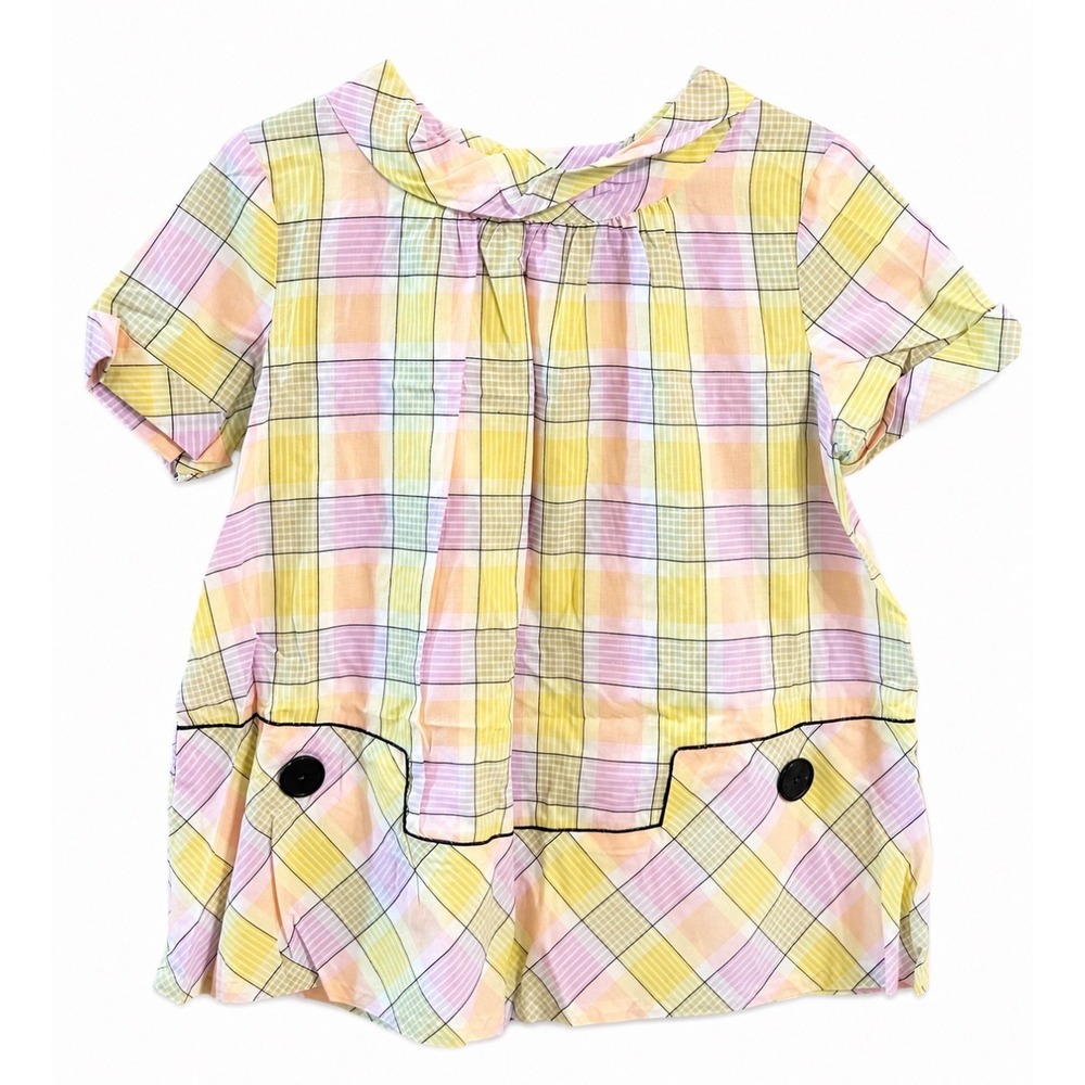 Vintage Pastel Plaid Cottagecore Blouse Women's Oversized Short Sleeve Top XL